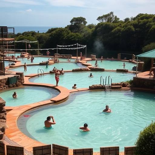 Imagen de las piscinas naturales de Outariz, Galicia, con gente disfrutando de las aguas termales