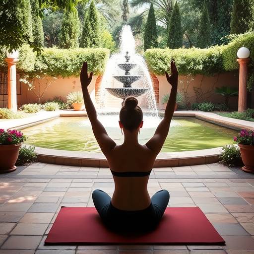 Imagen de un grupo de personas practicando yoga en un jard&iacute;n andaluz con una fuente en el fondo