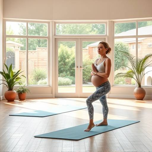 Imagen de una clase de yoga prenatal en un estudio luminoso con vistas a un jard&iacute;n