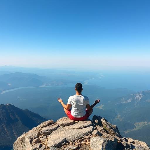 Imagen de una persona meditando en la cima de una monta&ntilde;a con vistas panor&aacute;micas