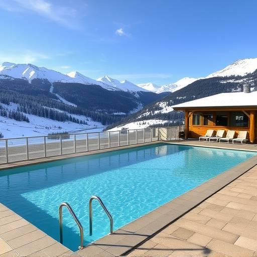 Imagen del spa termal en los Pirineos con piscina exterior rodeada de monta&ntilde;as nevadas